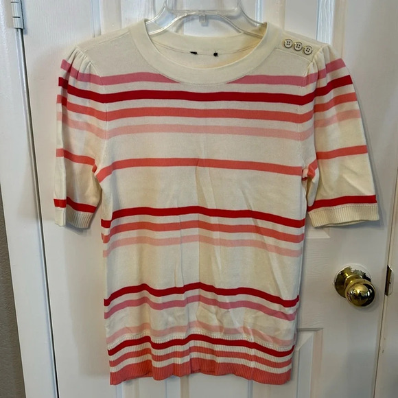 Talbots Women’s (S) Pink Cream Striped Short Sleeve Button Shoulder Sweater NWOT - Picture 1 of 7